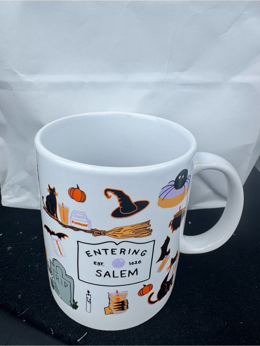 Dunkin Salem Halloween Ceramic Mug in White with Seasonal Graphics
